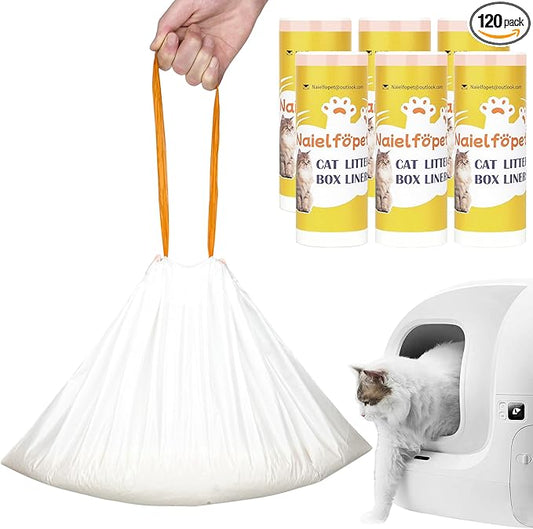 120 Count Cat Litter Box Liner Bags, 21" x 11" Disposable Automatic Cat Litter Waste Bags, Drawstring Heavy Duty Litter Trash Bags Suit for PuraX PuraMax PuraMax2