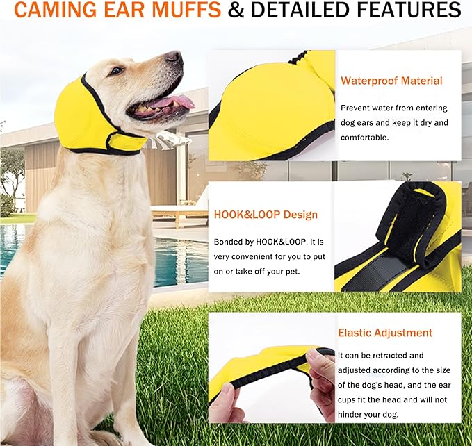 BAMY Swimming Waterproof Dog Ear Caps Calming Large Dog Ears Cover Shower Cap for Ear Protection for Bath for Grooming (Yellow, M (Head Circumference 14"-19"))