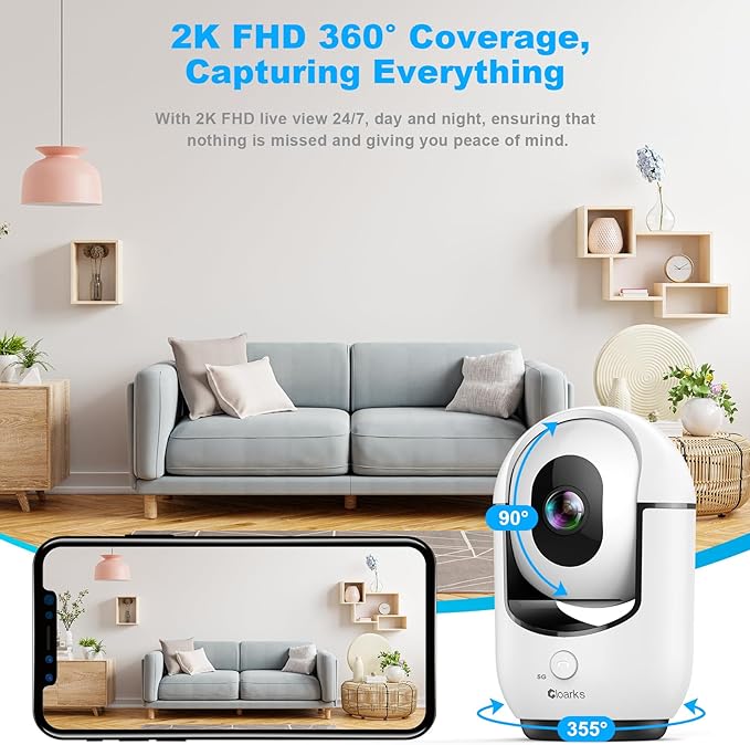 2K Indoor Camera, 5/2.4 GHz WiFi Pan/Tilt Security Camera with AI Motion Detection, One-Click Call for Baby Monitor, Wired Pet Camera with 2-Way Audio, 24/7, Siren Alarm, TF/Cloud Storage