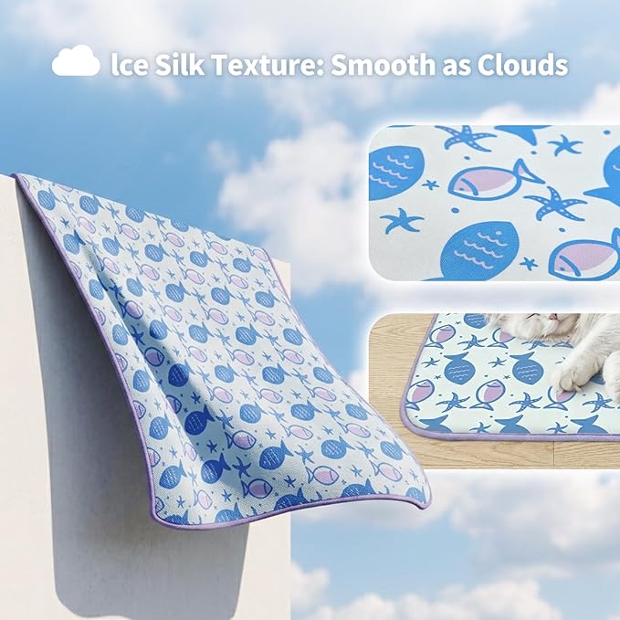 NWK Pack of 4 Pet Cooling Mat for Large Dogs -Q-Max>0.345 Ice Silk Cooling Mat for Dogs & Cats Portable & Washable Pet Cooling Blanket for Summer (4pcs, Purple Fish, 39'' X 27'' X 0.3'')