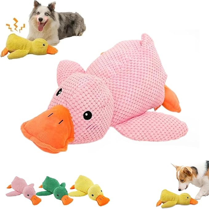 2025 Cute Yellow Calming Duck Dog Toy, Quack-Quack Duck Dog Toy, Cute Yellow Stuffed Calming Duck Dog Toys with Soft Squeaker, Interactive Dog Toys for Aggressive Chewers (Pink)