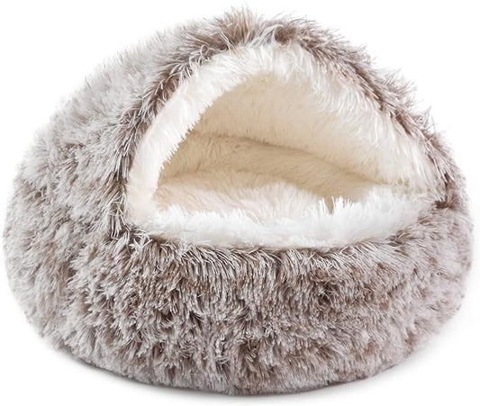 NOYAL Round Hooded Donut Dog Bed for Small & Medium Pets - Plush Fluffy Anti-Anxiety Cat Cave Bed with Cover