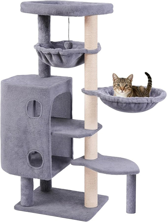 45in Cat Tree Tower with Big Condo for Indoor Cats,Cat Tower with Scratching Post,Scratching Board and Cat Toys,Multi-Level,Small Space,Transformer Cat Tree (Grey+)