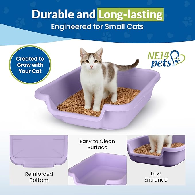KittyGoHere Senior Cat Litter Box, Small Litter pan with Long-Handle Jumbo Scoop, Open Top Low Entrance Kitty Litters Box, Lightweight Low Entry Litter Box, Durable, Made in USA (Storybook Lavender)