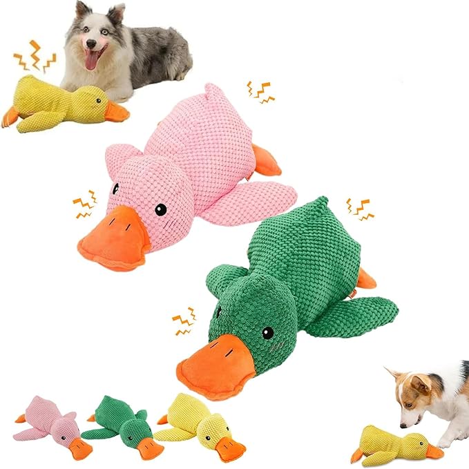 Yilia 2025 Cute Yellow Calming Duck Dog Toy, Quack-Quack Duck Dog Toy, Cute Yellow Stuffed Calming Duck Dog Toys with Soft Squeaker, Interactive Dog Toys for Aggressive Chewers (Green+Pink)