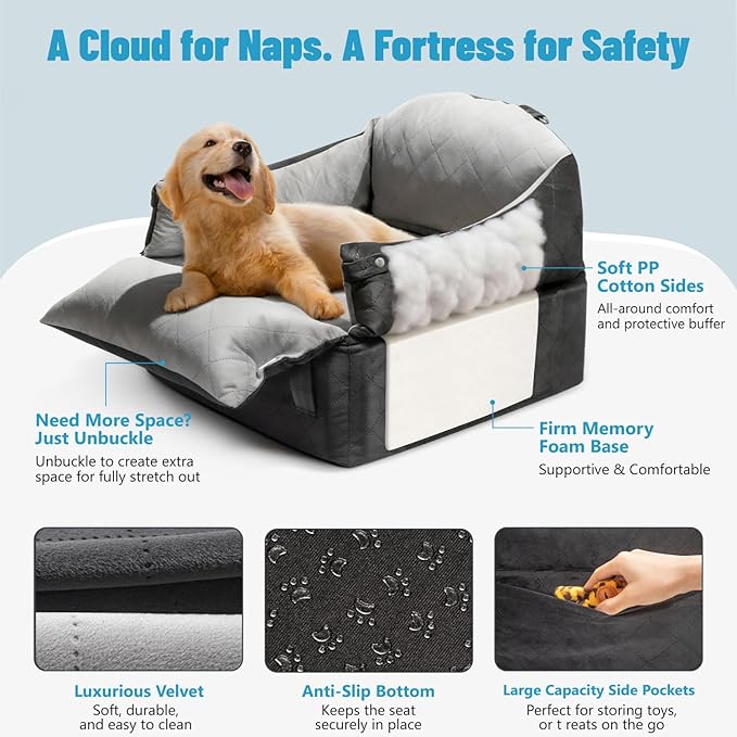EASTBLUE Dog Car Seat for Small Medium Dogs Up to 35 lbs, 2 Memory Foam Pads Dog Booster Car Seat with Seat Belt, Washable Pet Carseat for Puppy & Cat, Dogs Travel Bed for Cars (Black/Grey-Velvet)