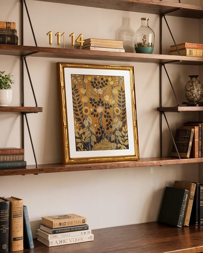 Vintage Botanical Garden Floral Wall Art Frame 11x14, Retro Gold Bamboo-Textured Framed Canvas Print Acrylic Cover, Classic Plant Painting Artwork Living Room Bedroom Entryway Home Décor