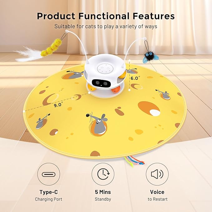 Interactive Cat Toys for Indoor Cats, 5 in 1 Hide and Seek Cat Toys with Motion Activated and Automatic Laser, Fluttering Feather & Dual Track Balls with Chirping for All Breeds, Rechargeable