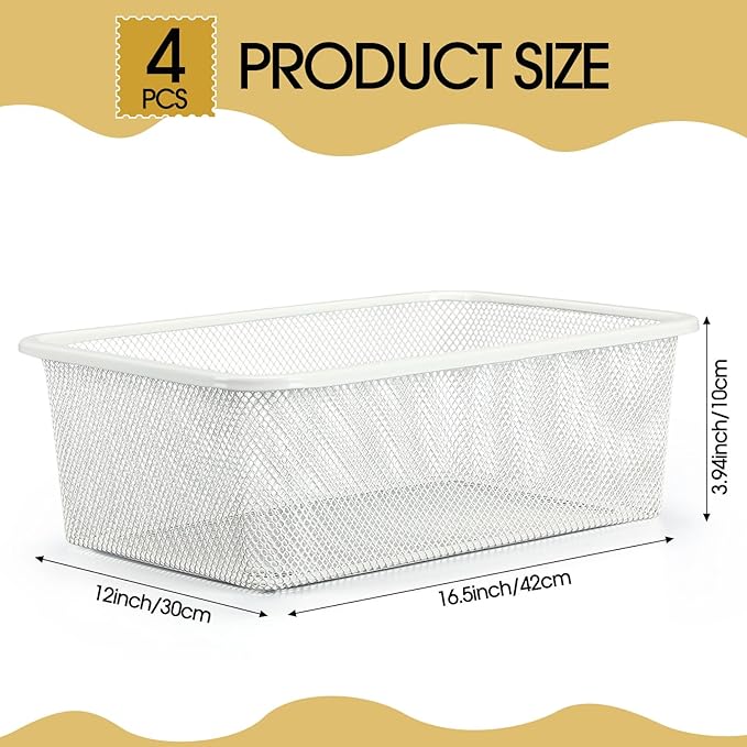 4 Pcs Metal Wire Basket Metal Mesh Basket Pantry Organizers Bin Containers for Home Organizing Cabinet Pantry Closet Kitchen Fridge Fruit Makeup Snacks Gifts(White,Large)