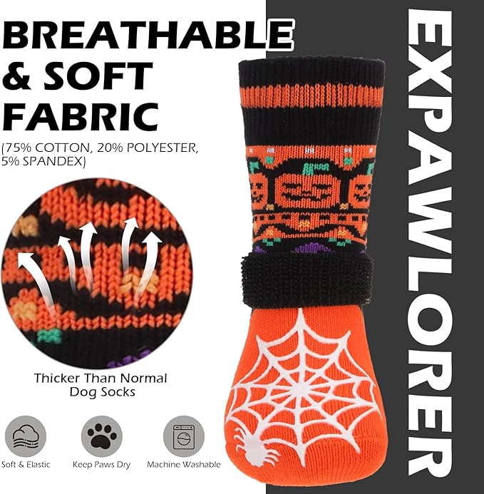 EXPAWLORER Halloween Anti Slip Dog Socks to Prevent Licking Paws, Boots & Paw Protectors with Spider Web Grippers,Doggie Booties for Hardwood Floors for Small Medium Large Senior Dogs Orange Pumpkin M