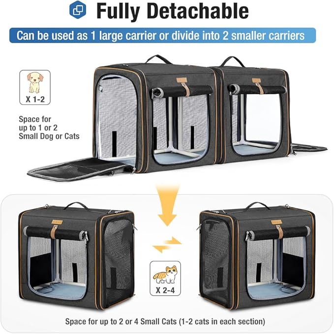 Lekereise 2-in-1 Cat Travel Carrier with Litter Box, (20.85" x2) x19.7"x19.7" Large Cat Carrier with Zipper Locks for Moving Across The Country (No Hammock) - Black