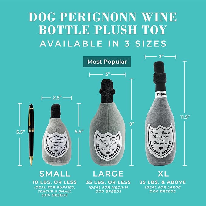 Haute Diggity Dog Champagne Dog Perignonn, Plush Designer Dog Toys with Interactive Squeaker, Stimulating Pet Enrichment, Machine-Washable & Safe Materials for All Breeds, Size Small