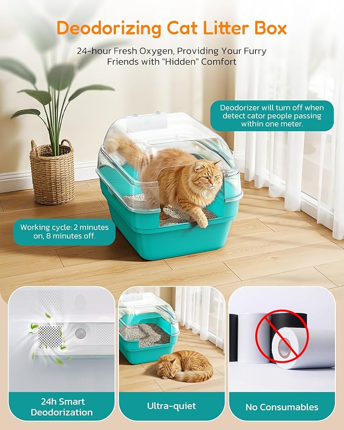 Large Cat Litter Box with Transparent Lid, Foldable Hooded Litter Box with Front Door Flap for Privacy, Easy Clean Non-Sticky Litter Box with Intelligent Deodorizing, (21.6" L x 17.8" W x 17.3" H)