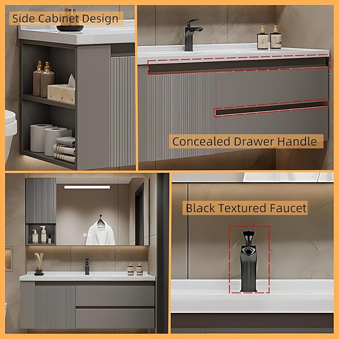 52IN Suspended Bathroom Cabinet Combo Set - Fully Functional LED Mirror with Smart Defogging & Time Display | Bathroom Vanity with Sink,Side Cabinet Storage Compartment (Style C)