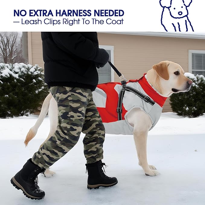 FUAMEY Dog Winter Jackets for Large Dogs,Dog Coat with Harness Built in,Waterproof Dogs Snowsuits Warm Pet Jacket Zip Up Fleece Cold Weather Coats Reflective Puppy Vest with Pocket Red L