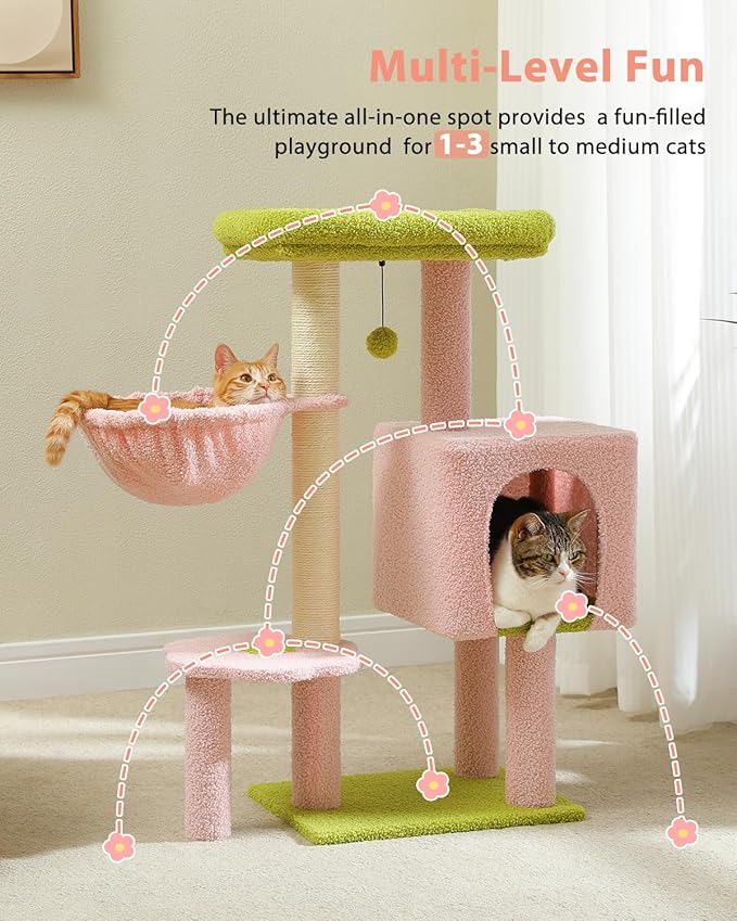 Flower Pink Cat Tree, 35.4" Cute Cat Tower Condo for Indoor Cats w/Large Padded Perch, Cat Scratching Post, Comfy Hammock, and Dangling Ball, for Small-Medium Cats