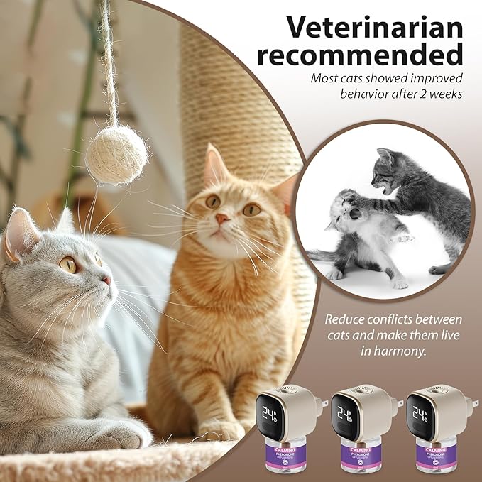 Cat Calming Diffuser Kit with Timer And Memory Adjustable 4/8/12/24H Cat Pheromone Diffuser 3-Pack (48ml Each) Helps Reduce Stress, Spraying, Fighting, Excessive Meowing & Scratching Fits All Cats