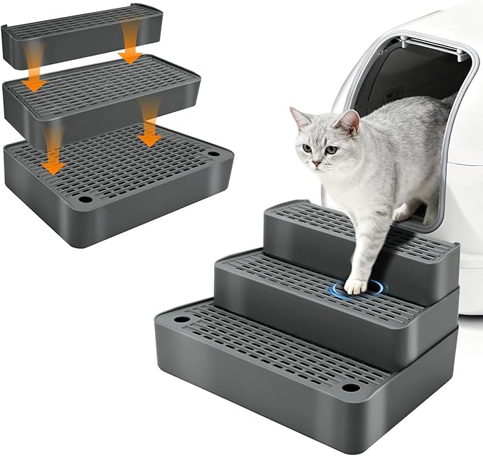 Adjustable 3 Steps Cat Ramp for Litter Box, Detachable Cat Pedal Step Stool with Filter Function, Double Layered Cats Litter Trapper, Suitable for Small&Elderly Cats, Non-Slip(Dark Grey)