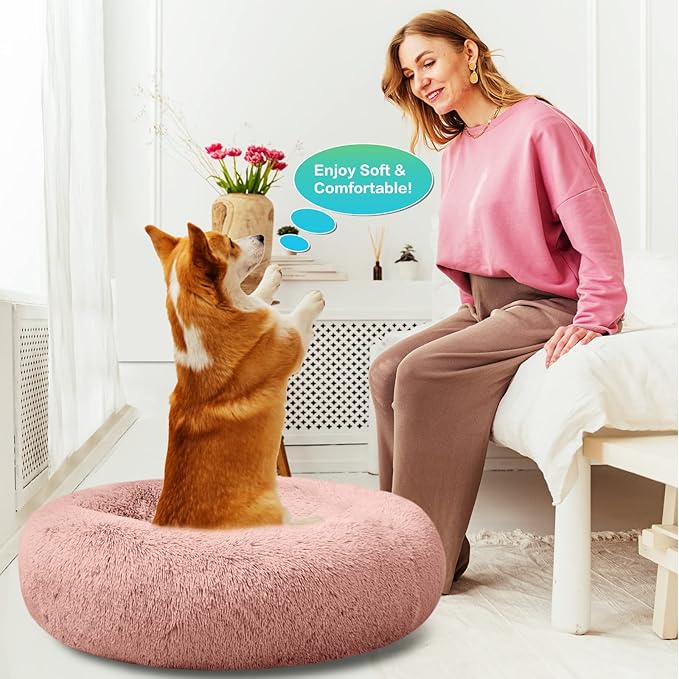 SAVFOX 23 inches Calming Donut Dog Bed - 3X Durable Plush Faux Fur, Machine Washable & Non-Slip, Fits up to 25 lbs, Pink