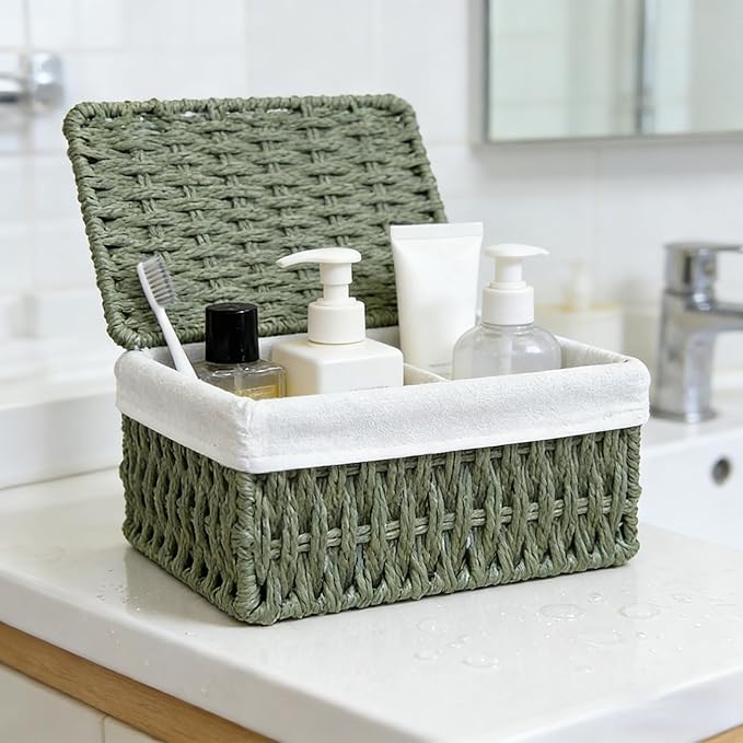 Woven Storage Baskets with Lids, Set of 3, Green Paper Rope Wicker Bins, Stackable Shelf Organizer Boxes for Bathroom Closet Nursery