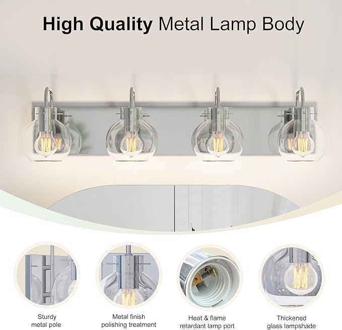 Brushed Nickel Bathroom Light Fixtures, 4-Light Modern Vanity Light Over Mirror, Wall Sconces with Frosted Glass Shades, E26 Socket (Bulbs Not Included)