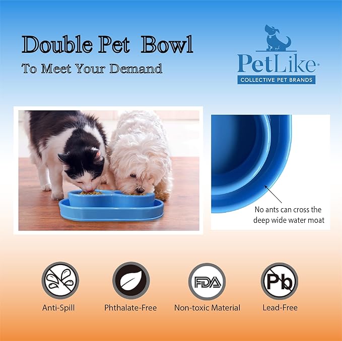 PetLike Ants Away Double Pet Feeding Bowls Dog Water and Food Bowls,6 cups/48oz Pet Feeder Bowls for Medium Large Dogs Cats (Blue, 15.5X9.5X2.75 INCH)