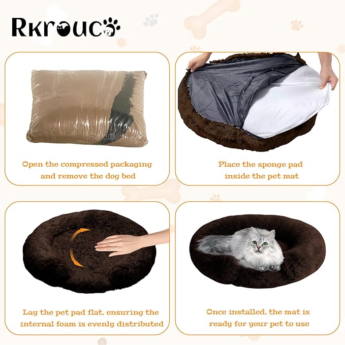 Fluffy Dog Bed Calming Donut Beds for Large Dogs Warming Round Small Medium Pet Nest Cozy Cat Mattress Indoor Washable Puppy Kennel Kittens Sleep Mat (XL, 43.3×43.3 inch, Brown)