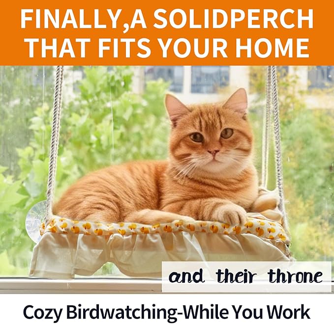 Cat Window Perch, Heavy Duty 20KG/44LB Suction Cup Hammock Bed with Soft Cushion, Secure & Stable Window Mount for Lazy Time, Bird Watching, Safe for Large Cats, 18.9"x14.5" (Yellow Duck)