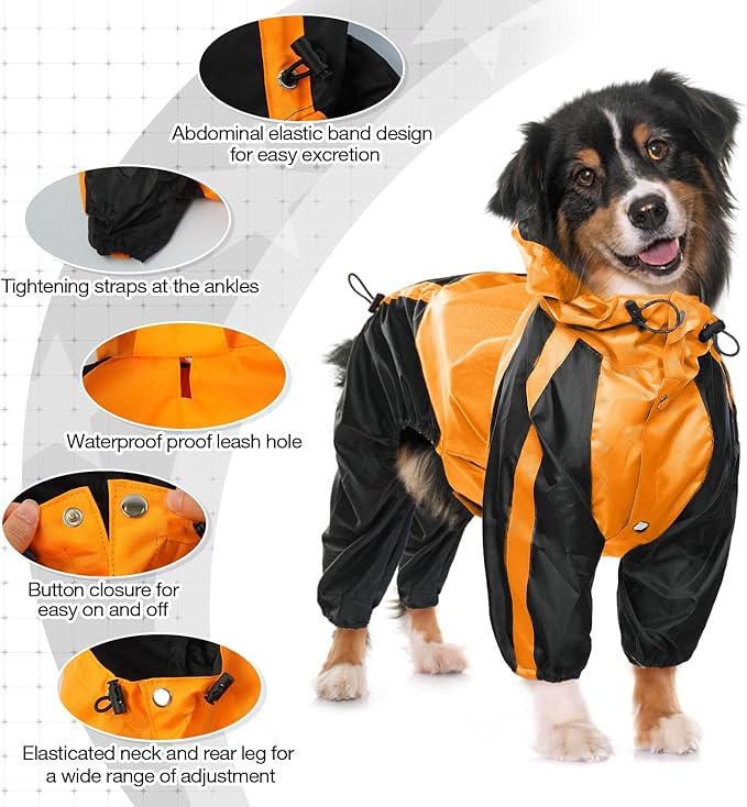 Dog Raincoat, Lightweight Rain Jacket, Adjustable 4-Legs Pet Poncho with Hood, Snow-Proof Dog Vest Rainwear, Rain Clothes Apparel with Leash Hole