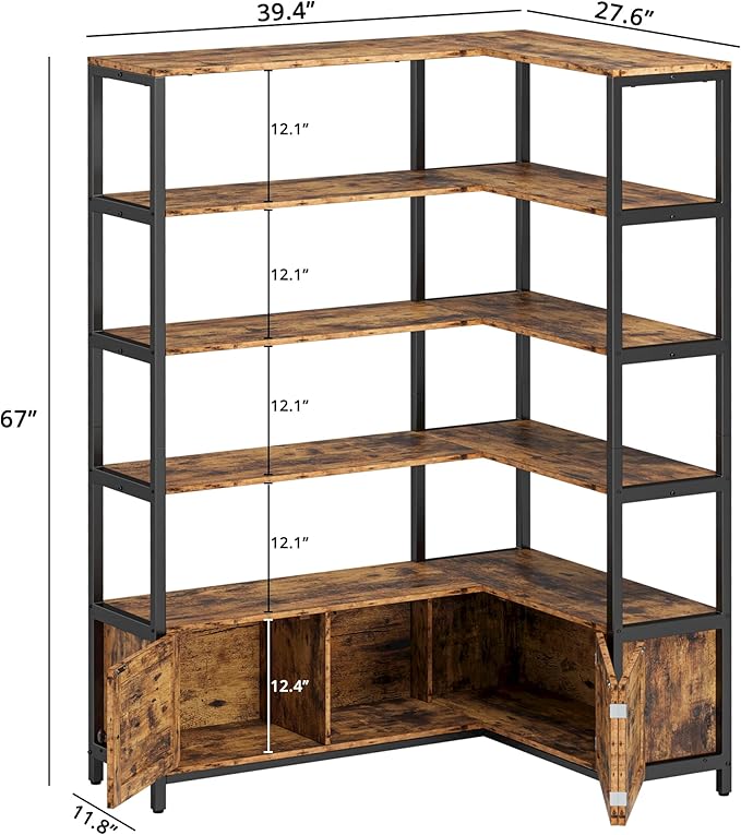 IRONCK Corner Bookshelf, Vintage Industrial Bookcase 6 Tier with Storage Cabinets, 70" Wooden Book Shelf with Metal Frame for Living Room, Office, Bedroom
