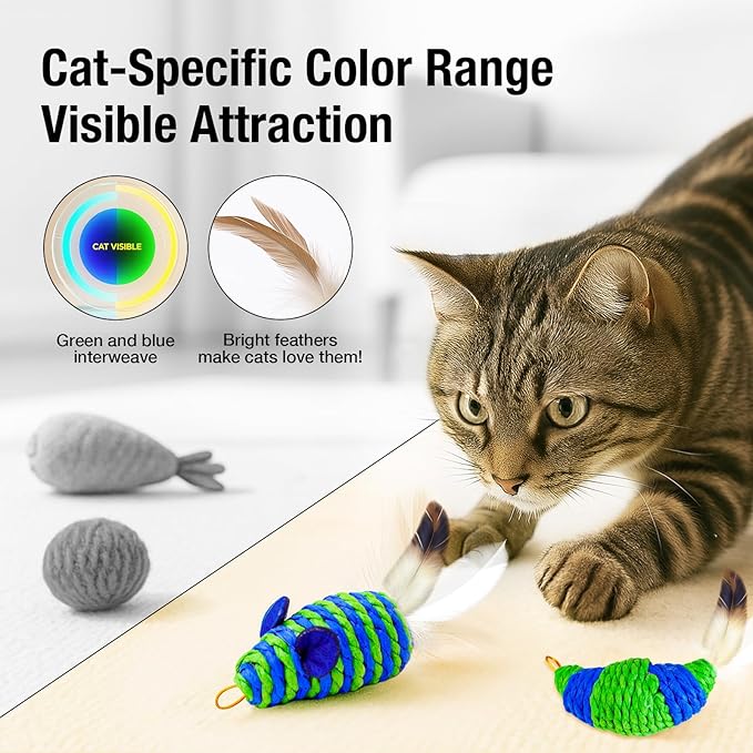 UTEE Cat Feather Wand Toy Set – Interactive Teaser Wand with 7 Replacement Feather Heads, Eco-Friendly Rope Design, Stimulating Indoor Play for Exercise & Bonding (Blue & Green)