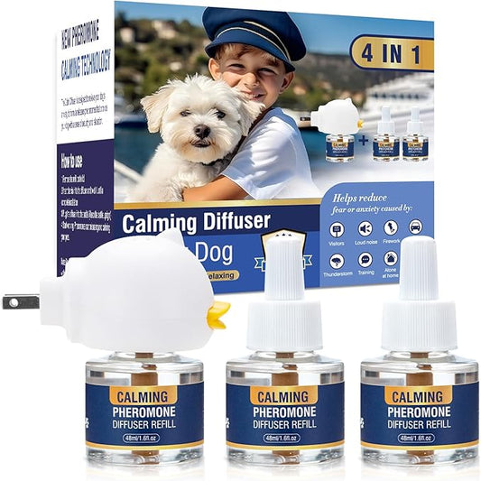 Dog Pheromone Calming Diffuser 4 In 1 Appeasing Pet Pheromones Diffuser to Calm Kit (Plug in+ 3 Pack 48ml Refill) for Anxiety Relief Reduce Barking Aggression Fighting Stress 90 Day Supply(Tasteless)
