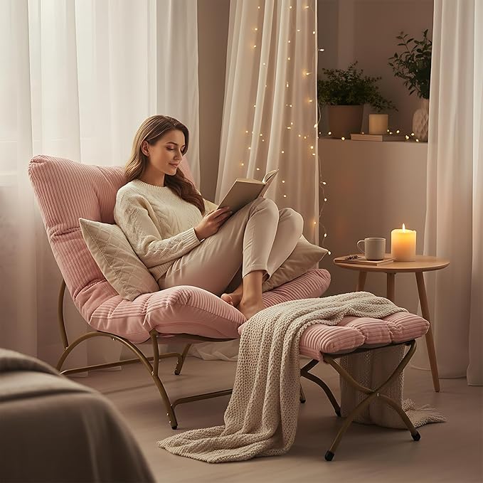 Welnow Modern Accent Chair with Ottoman, Upholstered Comfy Lounge Recliner Sofa, Thick Cushion Oversized Lazy Reading Chair with Footrest for Living Room, Bedroom, Apartment, Office, Dorm, Pink