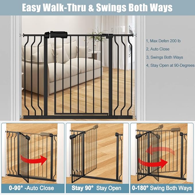 Extra Wide Baby Gate 57.5-62 Inch Black Walk THR Dog Gates Doorways House No Drill Pressure Mounted Auto Close Long Child Safety Gate for Kids and Pet