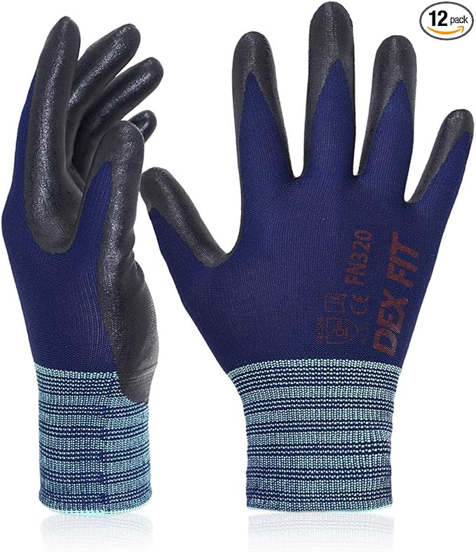 DEX FIT Premium Nylon Nitrile Work Gloves FN320, 12 Pairs, 3D-Comfort Stretchy Fit, Firm Grip, Thin & Lightweight, Durable, Breathable & Cool, Machine Washable; Navy 7 (S)