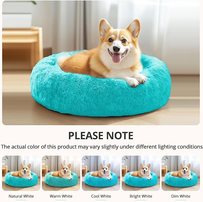 Calming Donut Dog Bed — Large 36", Anti-Anxiety Faux Fur, Washable (Aqua Blue)