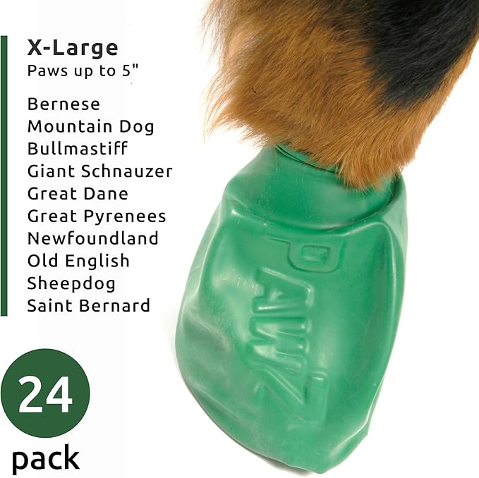 PawZ Rubber Dog Boots for Large Paws - All-Weather Waterproof Dog Shoes, Anti-Slip Traction for Rain, Snow, Mud & Hot Pavement - Pull-On Dog Booties, Green - X-Large (4" +) - Pack of 24