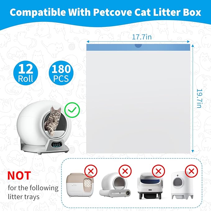 180 Count Cat Litter Box Liners Compatible with Petcove & Ducksky Automatic Self-Cleaning Cat Litter Box Bags - Drawstring Cat Litter Bags - Heavy Duty Tear-Resistant & Leak-Proof Refills