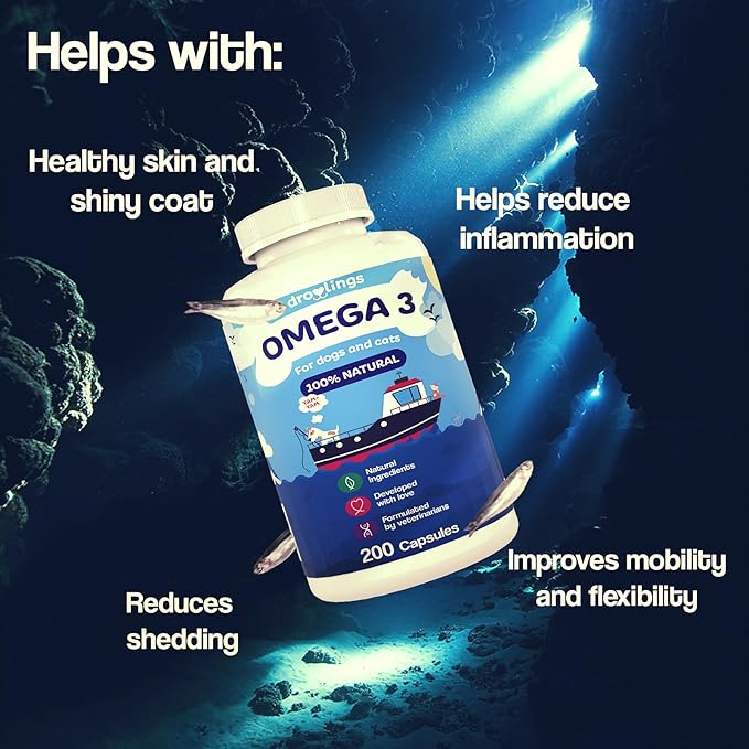 Omega 3 for Dogs and Cats 1000mg – 200 Fish Oil Fatty Acids Capsules (180mg EPA + 120mg DHA) – Supplement for Skin and Coat Itch Relief and Immune System