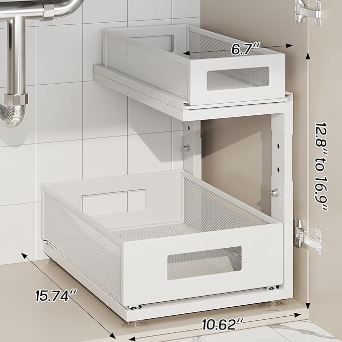 4 Pack Under Sink Organizer With Next-Gen Ball-Bearing Slides,2-Tier Precision Mesh Pull Out Cabinet Drawers Storage for Bathroom&Kitchen,Height Adjustable Shelf,Rust-resistant-White