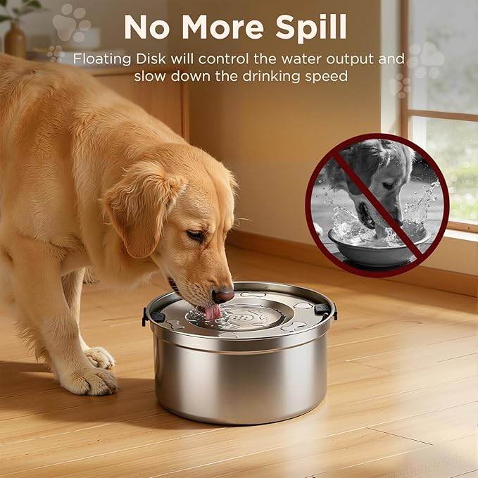 3.2L/108oz No Spill Dog Water Bowl & 4 Cups Slow Feeder Bowl Set - 304 Stainless Steel, Splash Proof Anti Slobber Stopper for Dogs, Slow Drinking & Eating Puzzle Bowl for Large Medium Small Breeds