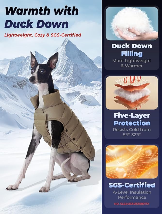 SPACE LION Dog Puffer Jacket, Down Winter Coat, Durable Outdoor Coat for Cold and Windy Conditions, Lightweight & Adjustable Fit Coats for Medium & Large Dogs,(Khaki, Size16/XL)