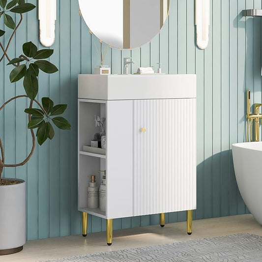 Favfurish 21.6" Bathroom Vanity with Rectangle Ceramic Vessel Sink Combo,Freestanding Left Side Storage Cabinet W/Soft-Close Doors,Assembled Quickly,for Small Spaces,White