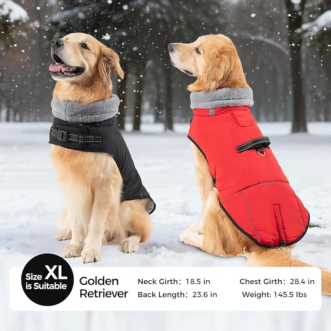 Mihachi Dog Coat for Large Dogs, Warm Dog Winter Coat Waterproof Dogs Jacket with Harness Built in Reflective Pet Fleece Vest, Puppy Cold Weather Coats Turtleneck & Windproof Pet Snowsuit, Black L
