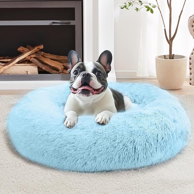 Calming Donut Dog Bed — Medium 31", Anti-Anxiety Faux Fur, Washable (Light Blue)