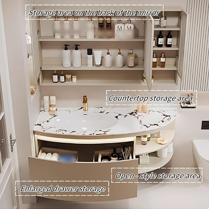 56IN Floating Bathroom Vanity, Wall Mounted Wood Sink Cabinet with Smart Sensor LED Light Strip & Open Style Side Cabinet | LED Lights & Defogging Function, Single Sink Vanities Set (Black)