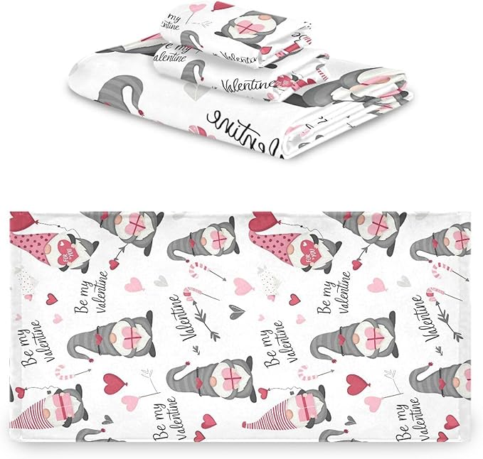 Pfrewn Cute Gnomes Hearts Pink Towels Set of 3 Romantic Romantic Love Spring White Bathroom Towel Soft Absorbent Bath Hand Towels Washcloth Guest Towel Sets Mother Valentine Decorations