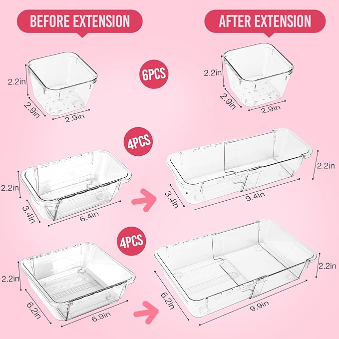14Pcs Expandable Clear Drawer Organizers, Desk Drawer Organizer Set, Acrylic Organizer Bins for Kitchen, Bathroom, Office, Makeup, 3-Size acrylic organizers & Vanity Organizer Trays