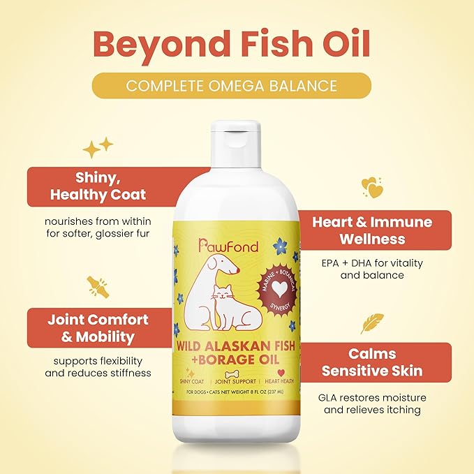 Wild Alaskan Pollock & Salmon Oil for Dogs & Cats - Omega 3 EPA DHA Fish Oil with Borage Oil GLA 22% - Anti-Itch, Skin & Coat Supplement, Joint Support, Allergy Relief -100% Natural - 8oz Pump