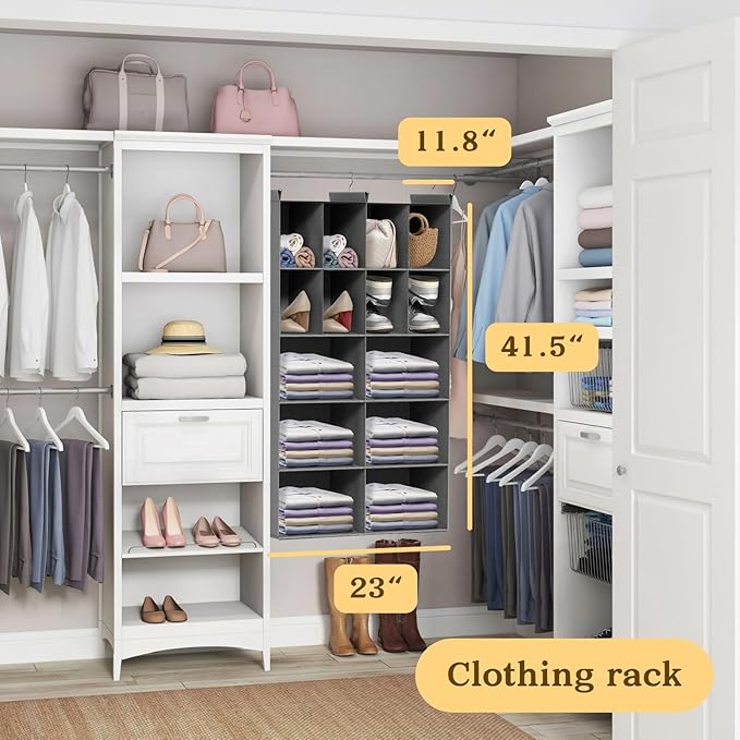 Ofiray-home 5 Tier Hanging Closet Organizer, 14 Compartments Sweater Organizer for Closet with 3 Sturdy Hooks, Closet Organizers and Storage, Wardrobe, Rv, Garment Rack, Grey